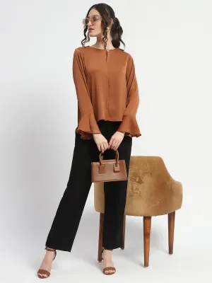 Madame Solid Golden Ruffle Sleeve Satin Top