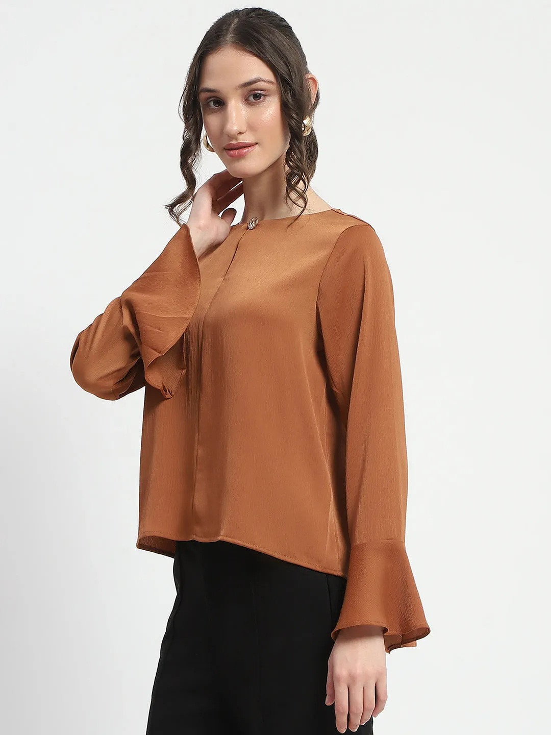 Madame Solid Golden Ruffle Sleeve Satin Top