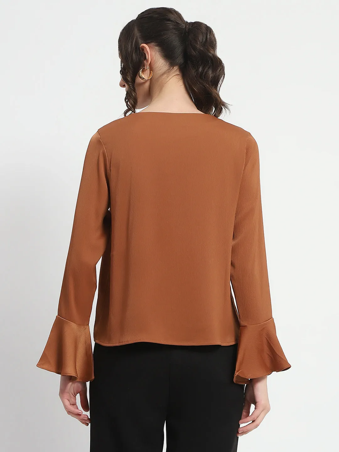 Madame Solid Golden Ruffle Sleeve Satin Top