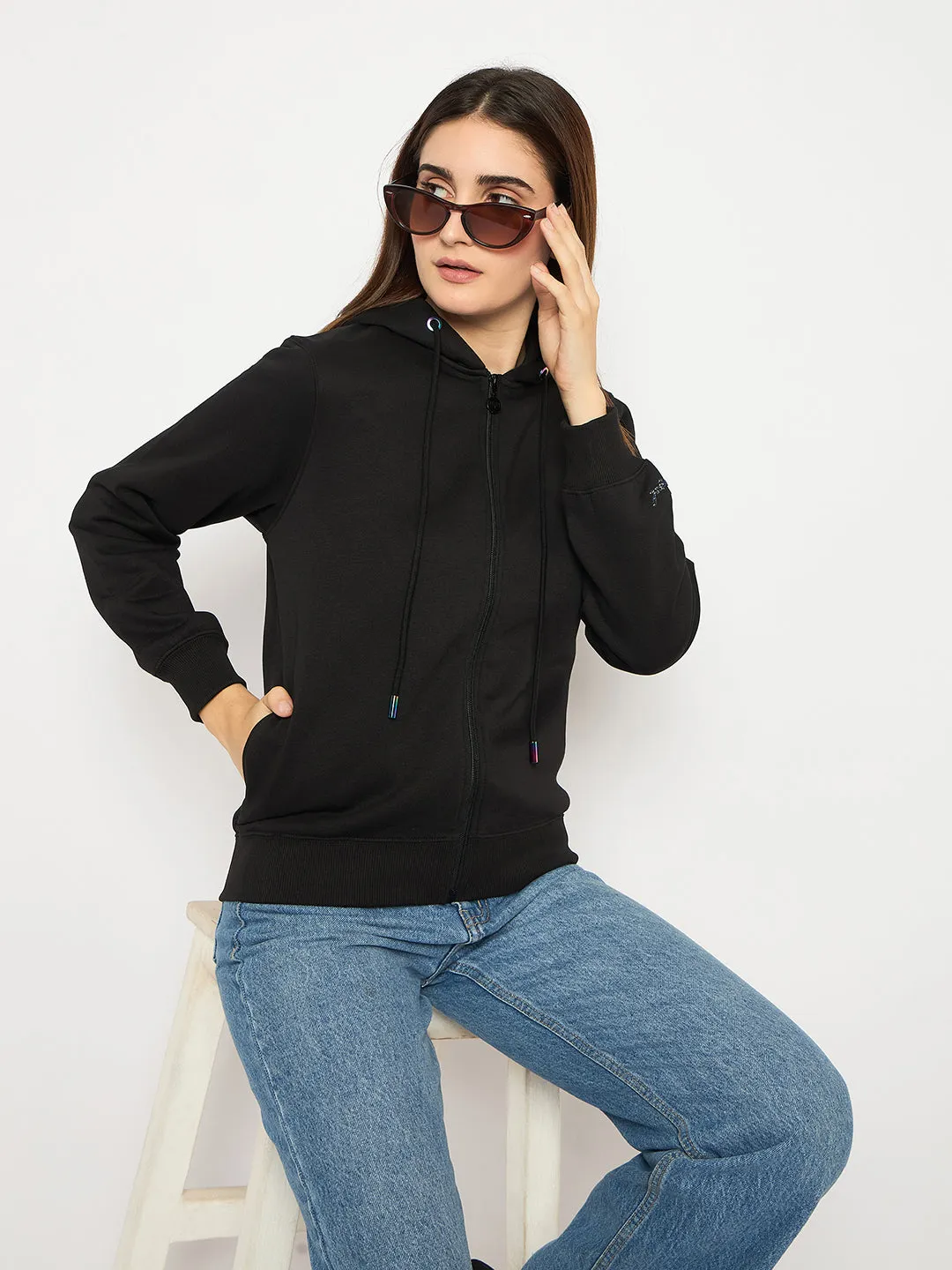 Madame Swarovski Holographic Eyelet Detailed Black Zipped Sweatshirt