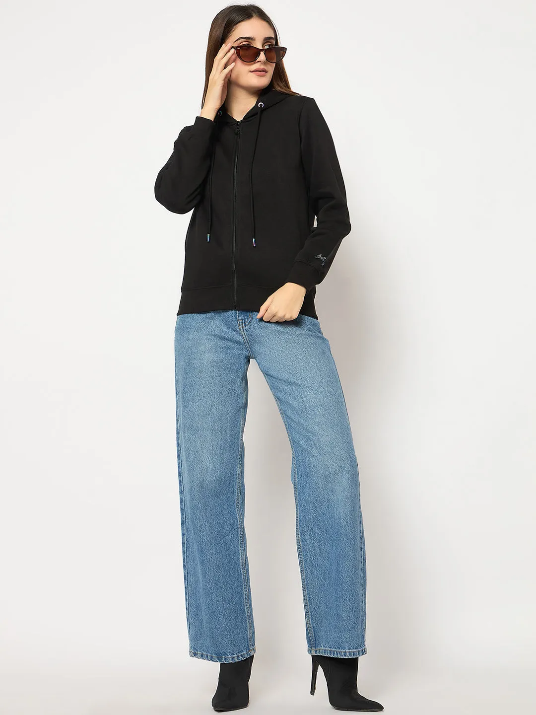 Madame Swarovski Holographic Eyelet Detailed Black Zipped Sweatshirt