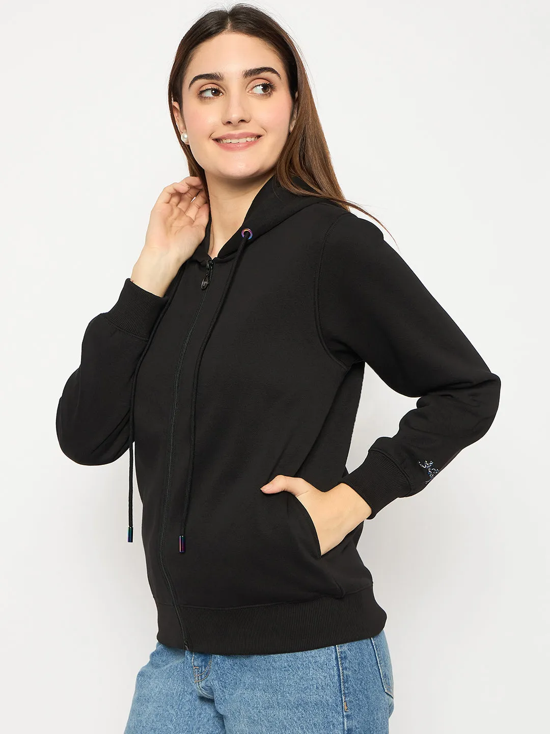 Madame Swarovski Holographic Eyelet Detailed Black Zipped Sweatshirt