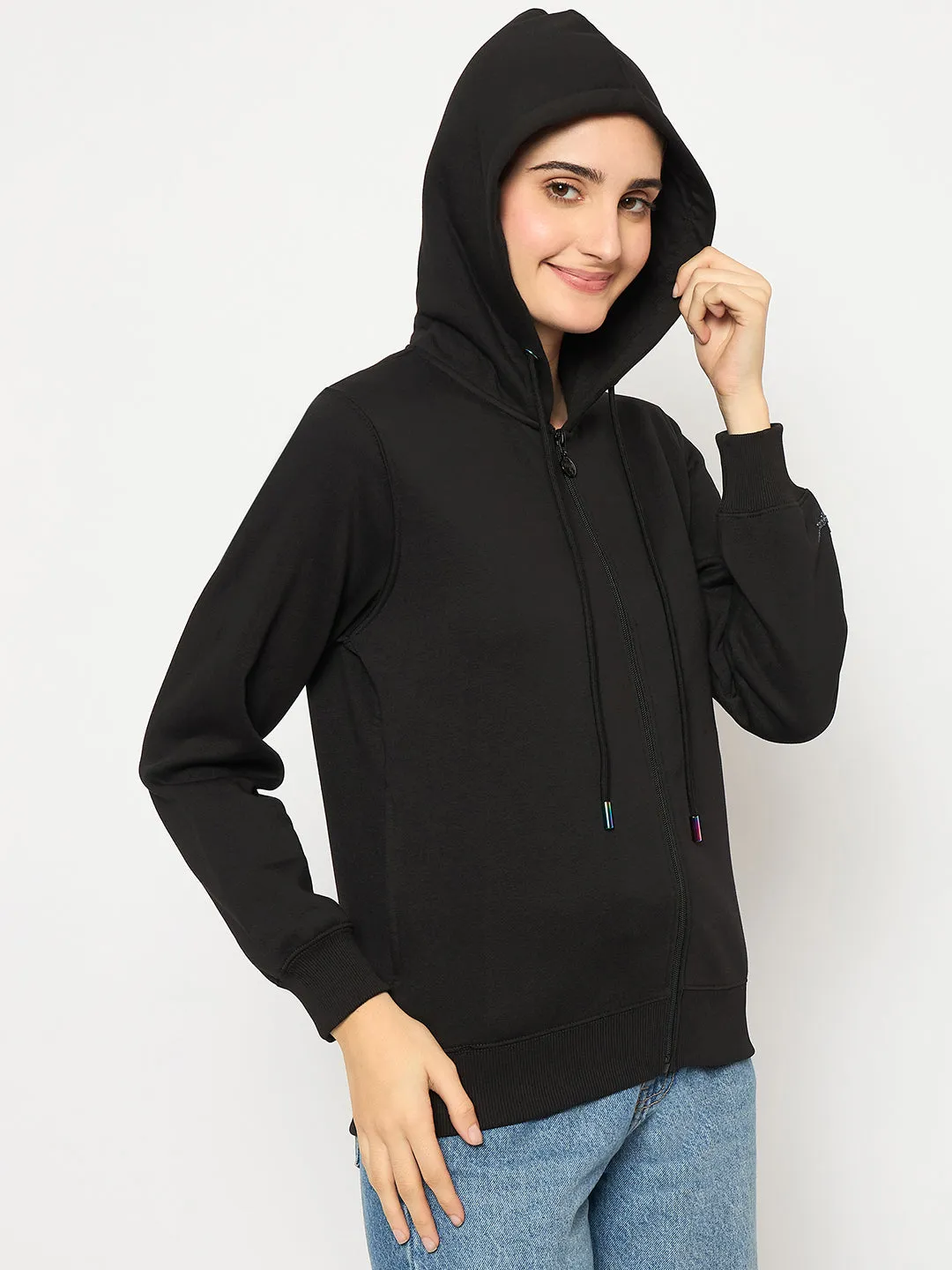 Madame Swarovski Holographic Eyelet Detailed Black Zipped Sweatshirt