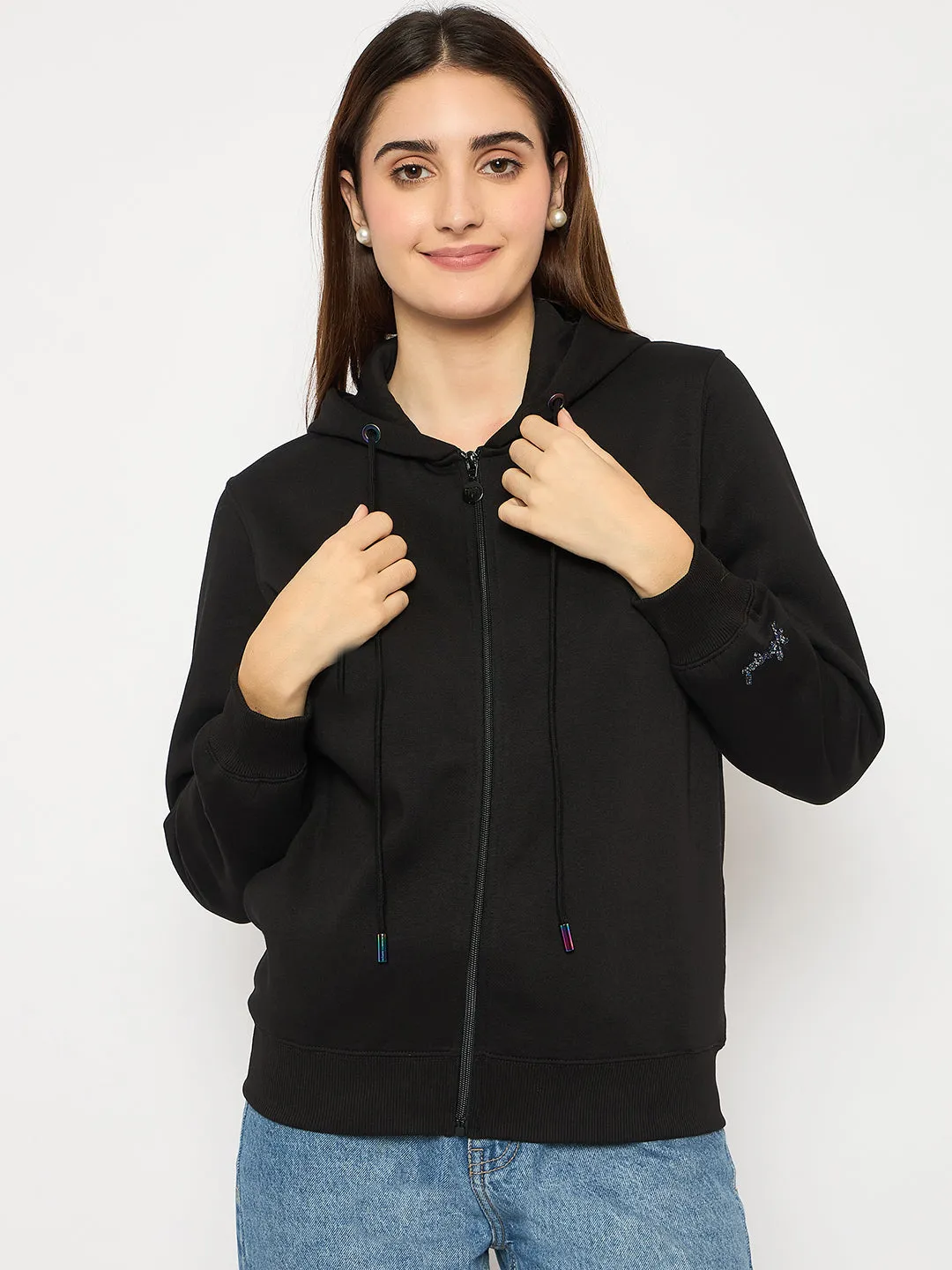 Madame Swarovski Holographic Eyelet Detailed Black Zipped Sweatshirt