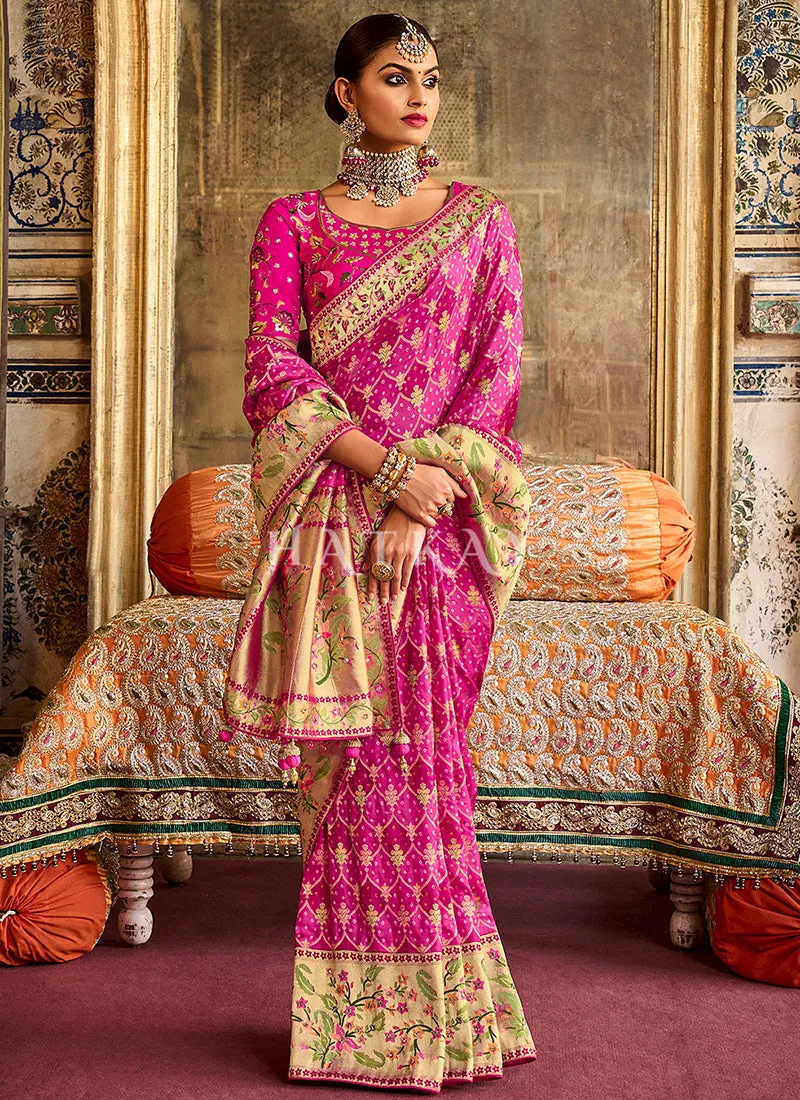 Magenta Pink Multi Embroidery Traditional Silk Saree