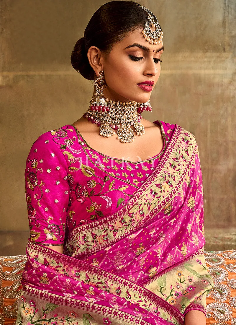 Magenta Pink Multi Embroidery Traditional Silk Saree