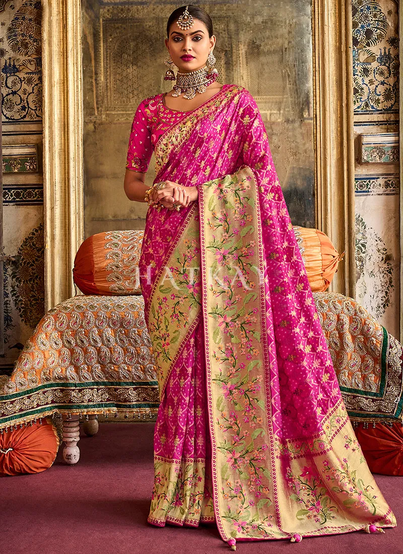 Magenta Pink Multi Embroidery Traditional Silk Saree