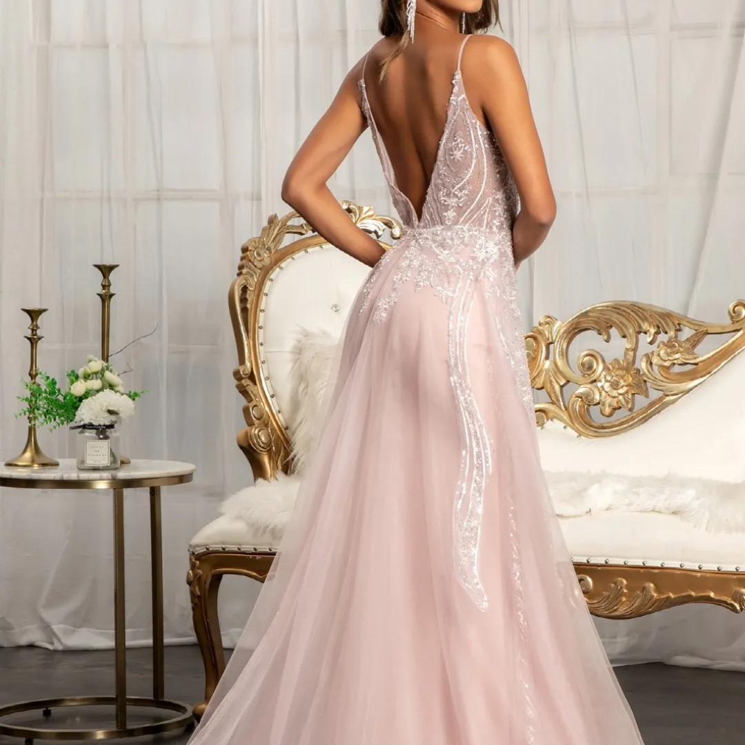 Mauve evening dress with sheer mesh bodice