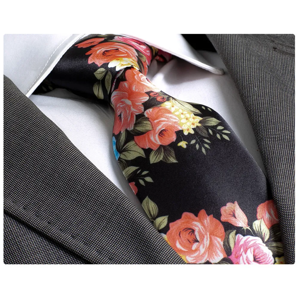 Men's Fashion Jacquard Black With Flowers Neck Tie Box