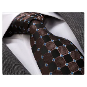 Men's jacquard Black Brown Blue Squares Premium Neck Tie With Gift Box