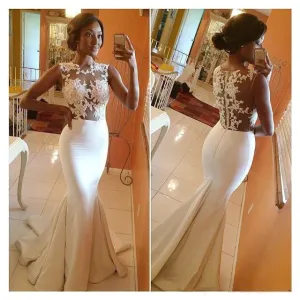 mermaid evening dresses long lace appliqué sheer back elegant ivory beaded evening gown robe de soiree