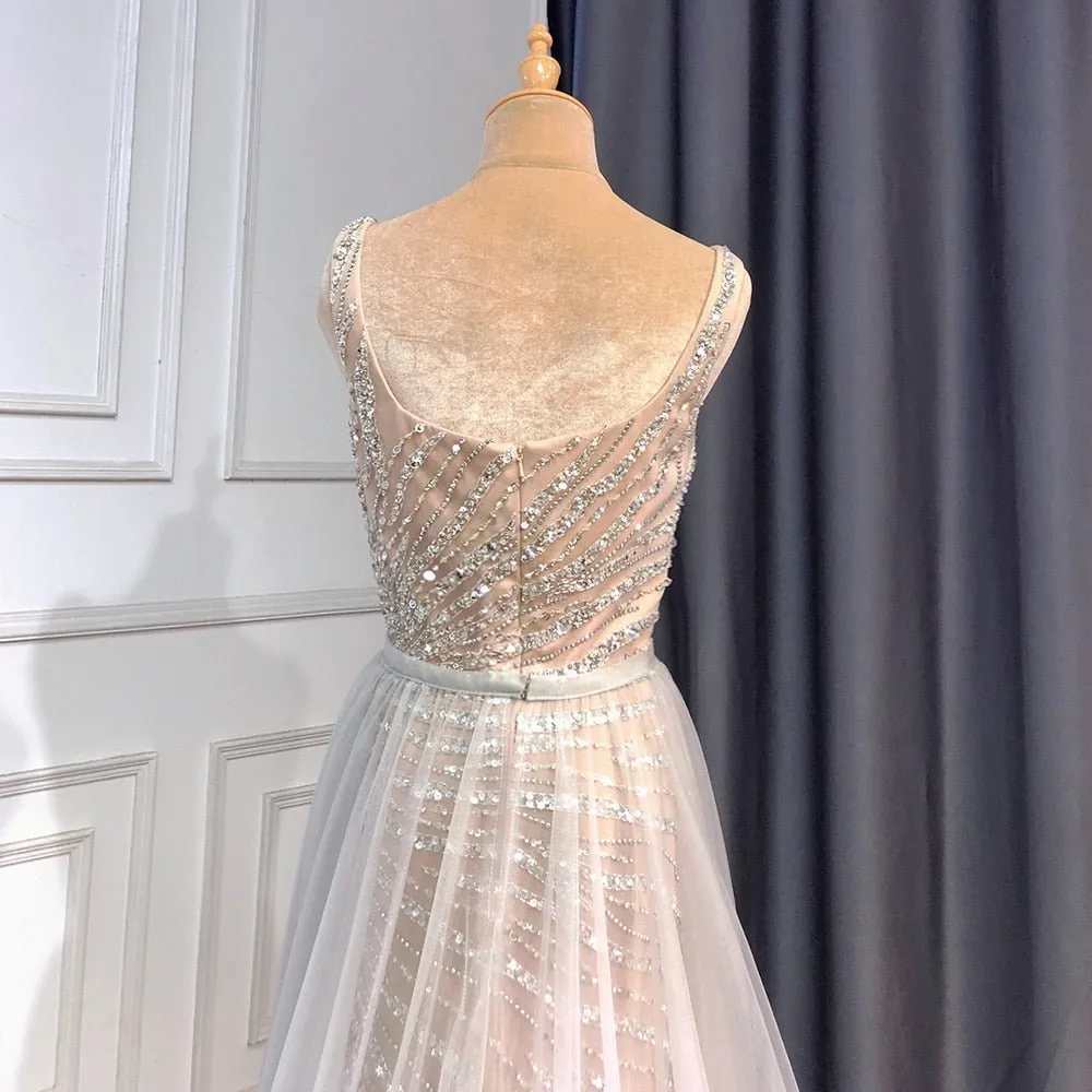 Mermaid Grey Nude Elegant Detachable Skirt Evening Dress