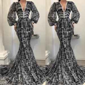 mermaid sparkle evening dresses for women flare sleeve v neck navy blue elegant evening gown formal dress