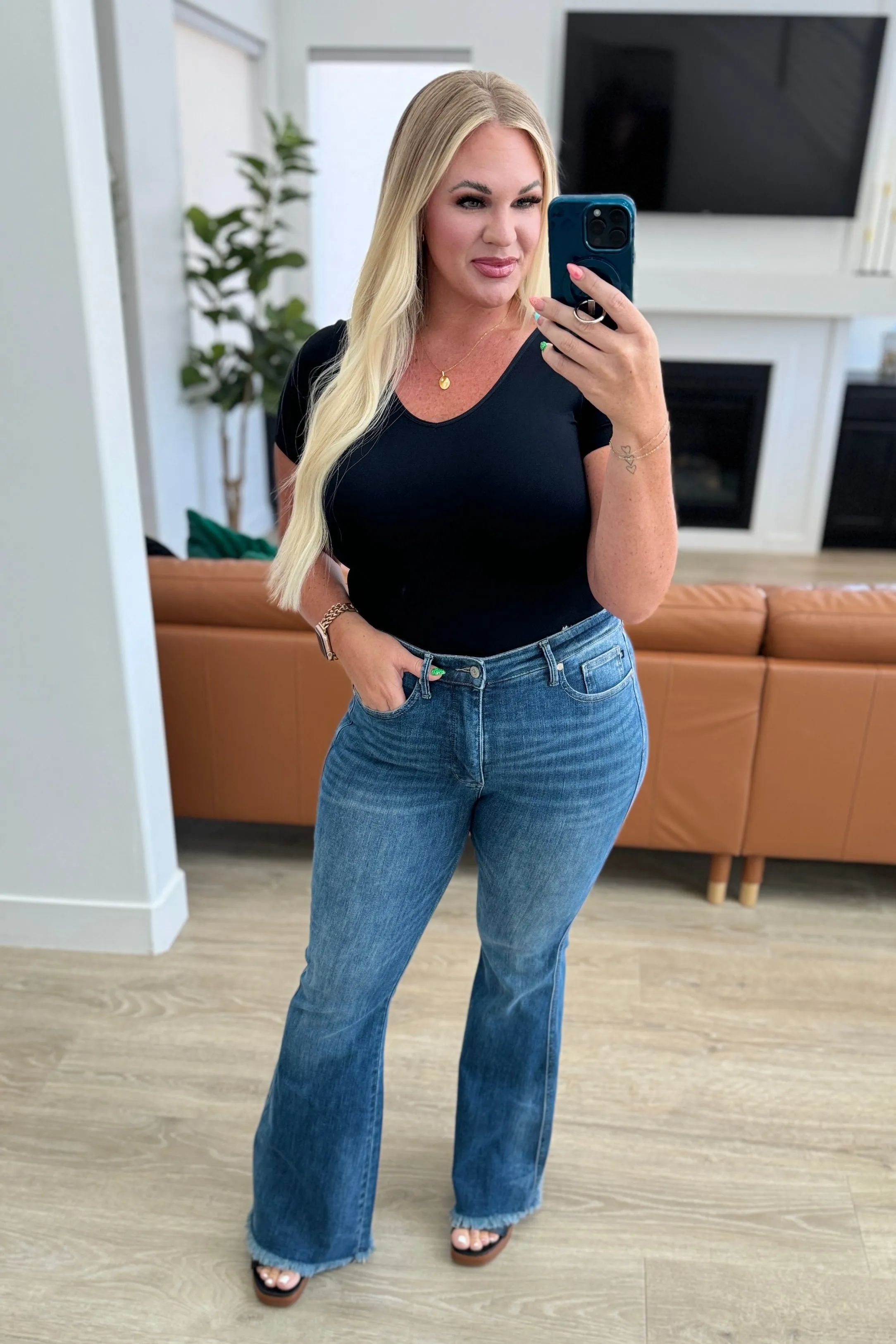 Miley High Waist Control Top Frayed Hem Flare Jeans by Judy Blue