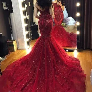 modest burgundy evening dresses long sparkly lace applique beaded mermaid elegant evening gown