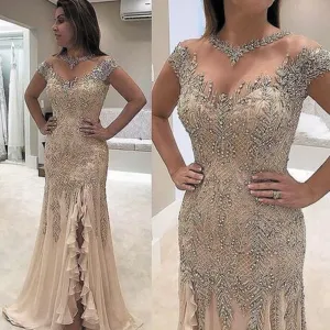 mother of the bride dresses champagne evening dresses long cap sleeve beaded elegant lace crystals modest evening gown
