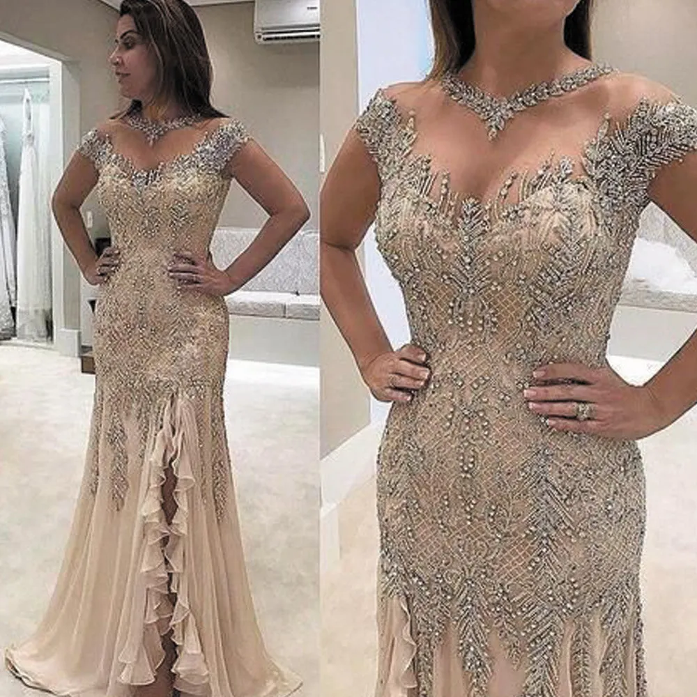mother of the bride dresses champagne evening dresses long cap sleeve beaded elegant lace crystals modest evening gown