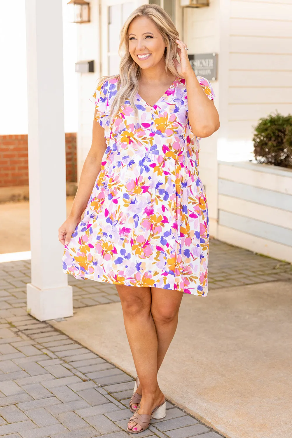 Multicolor Floral V-Neck Ruffled Sleeve Plus Size Dress