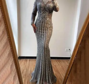 Muslim Grey Luxury Long Sleeves Evening Dresses Mermaid Diamond Sequined Sparkly Formal Dress