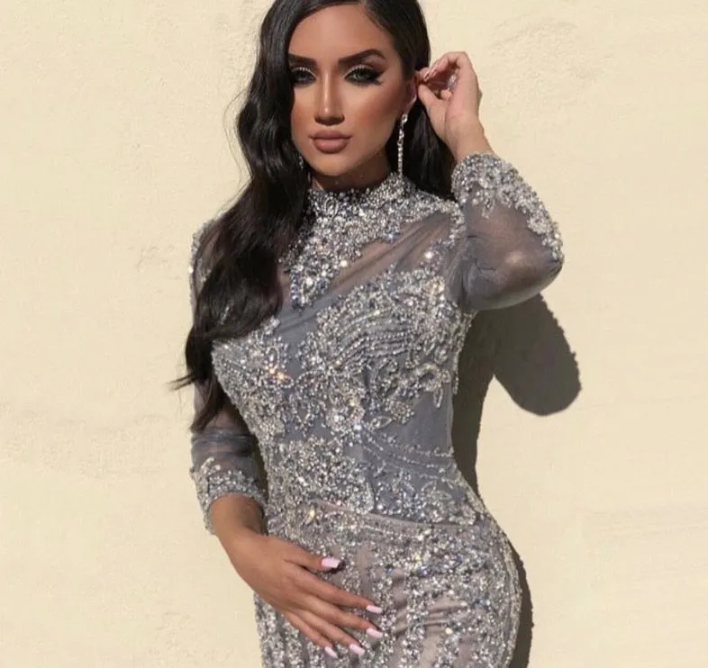 Muslim Grey Luxury Long Sleeves Evening Dresses Mermaid Diamond Sequined Sparkly Formal Dress
