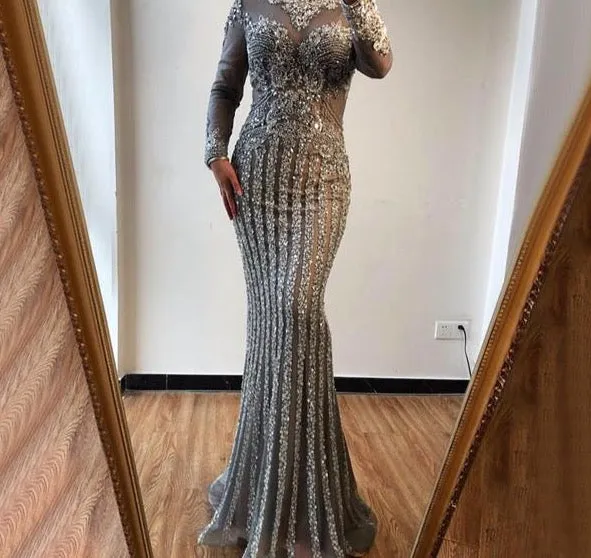 Muslim Grey Luxury Long Sleeves Evening Dresses Mermaid Diamond Sequined Sparkly Formal Dress