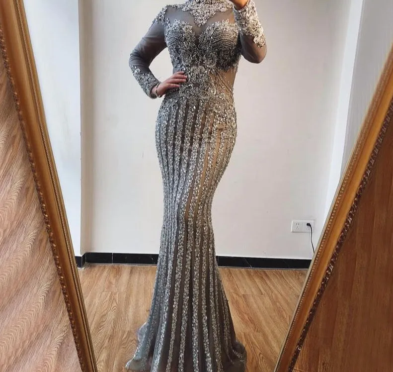 Muslim Grey Luxury Long Sleeves Evening Dresses Mermaid Diamond Sequined Sparkly Formal Dress