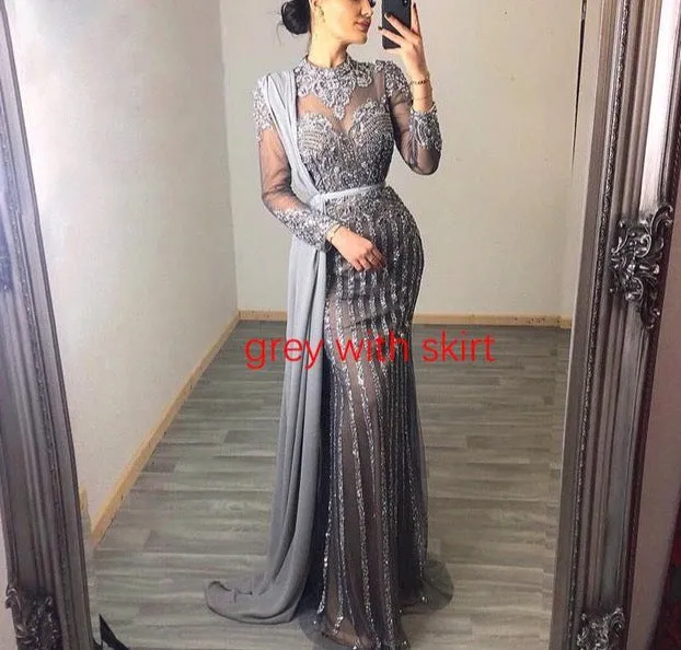 Muslim Grey Luxury Long Sleeves Evening Dresses Mermaid Diamond Sequined Sparkly Formal Dress