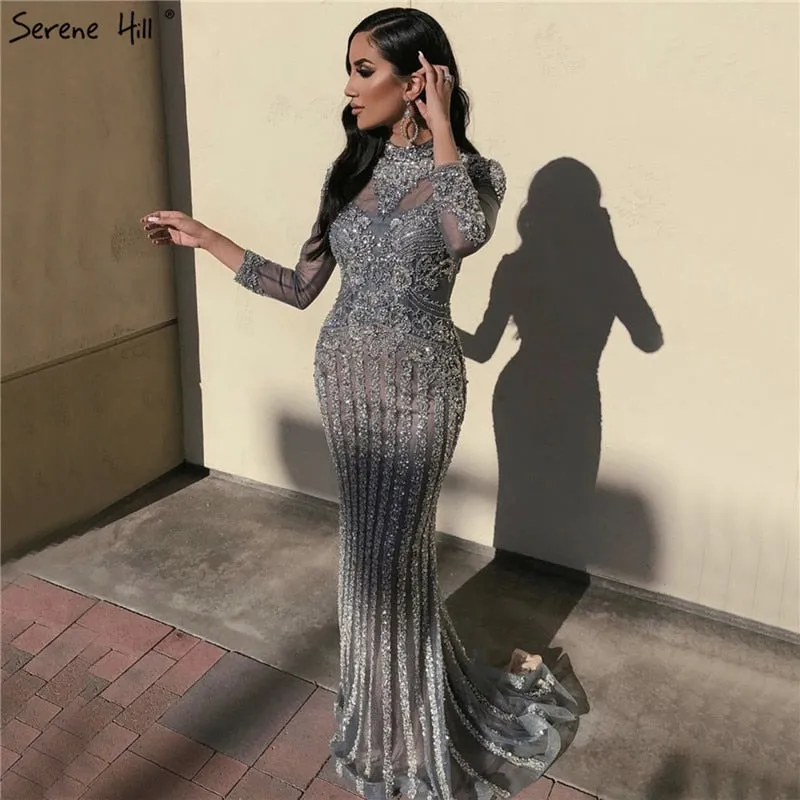 Muslim Grey Luxury Long Sleeves Evening Dresses Mermaid Diamond Sequined Sparkly Formal Dress
