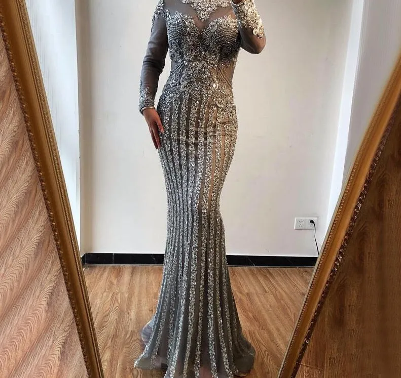 Muslim Grey Luxury Long Sleeves Evening Dresses Mermaid Diamond Sequined Sparkly Formal Dress