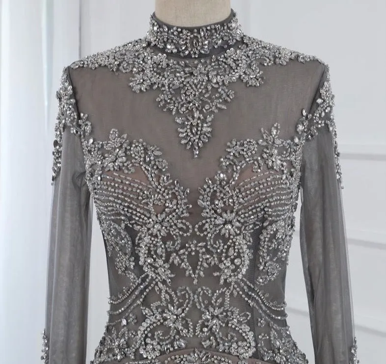 Muslim Grey Luxury Long Sleeves Evening Dresses Mermaid Diamond Sequined Sparkly Formal Dress