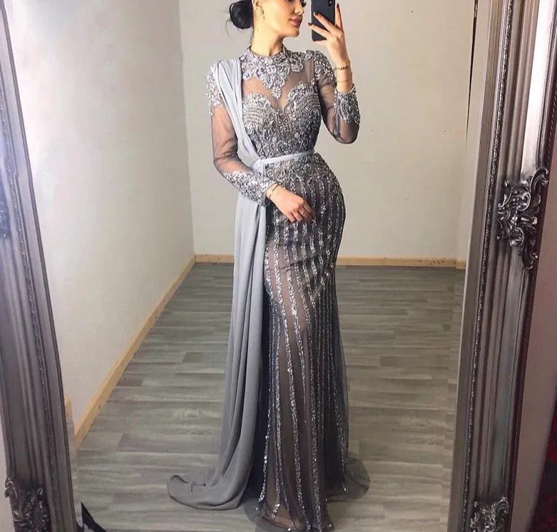 Muslim Grey Luxury Long Sleeves Evening Dresses Mermaid Diamond Sequined Sparkly Formal Dress