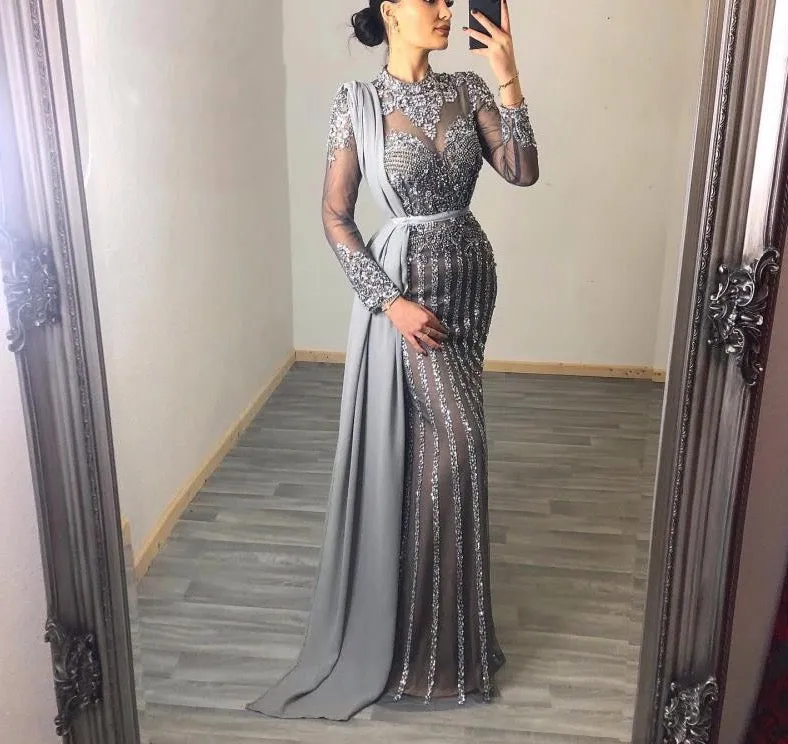 Muslim Grey Luxury Long Sleeves Evening Dresses Mermaid Diamond Sequined Sparkly Formal Dress