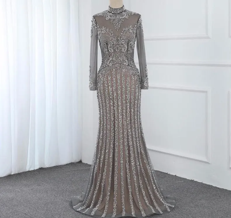 Muslim Grey Luxury Long Sleeves Evening Dresses Mermaid Diamond Sequined Sparkly Formal Dress