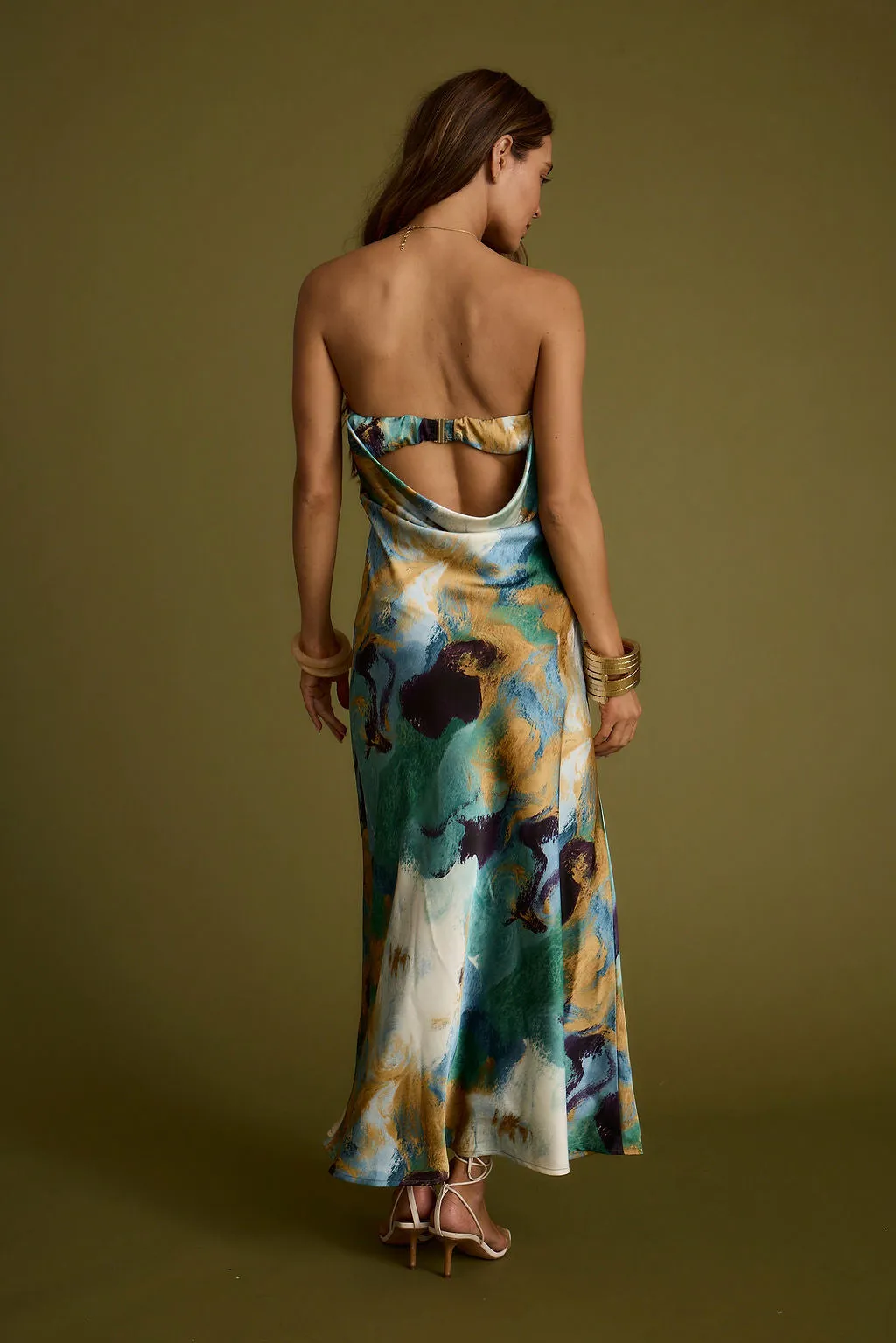 Natalia Blue and Gold Watercolor Strapless Maxi Dress