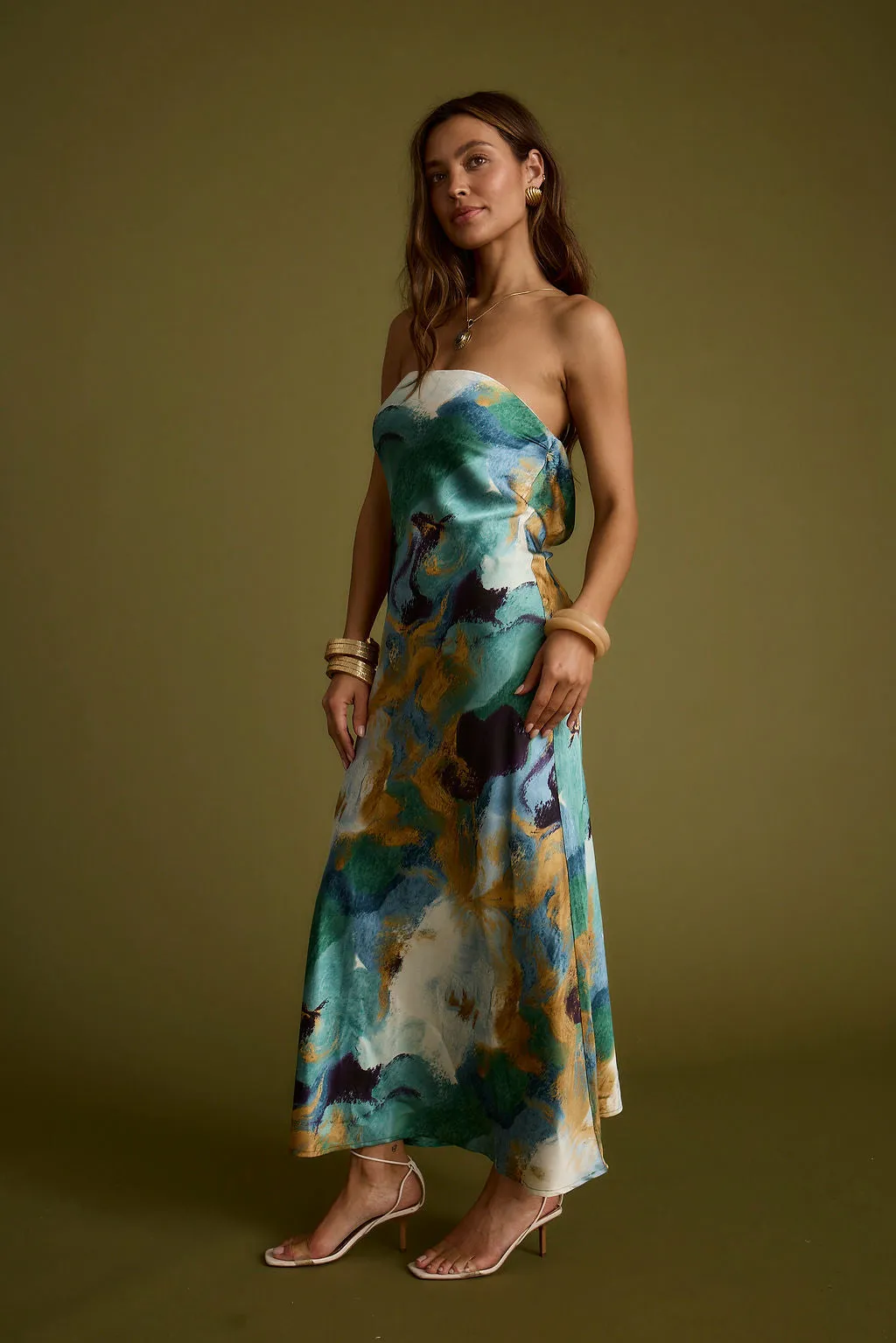 Natalia Blue and Gold Watercolor Strapless Maxi Dress