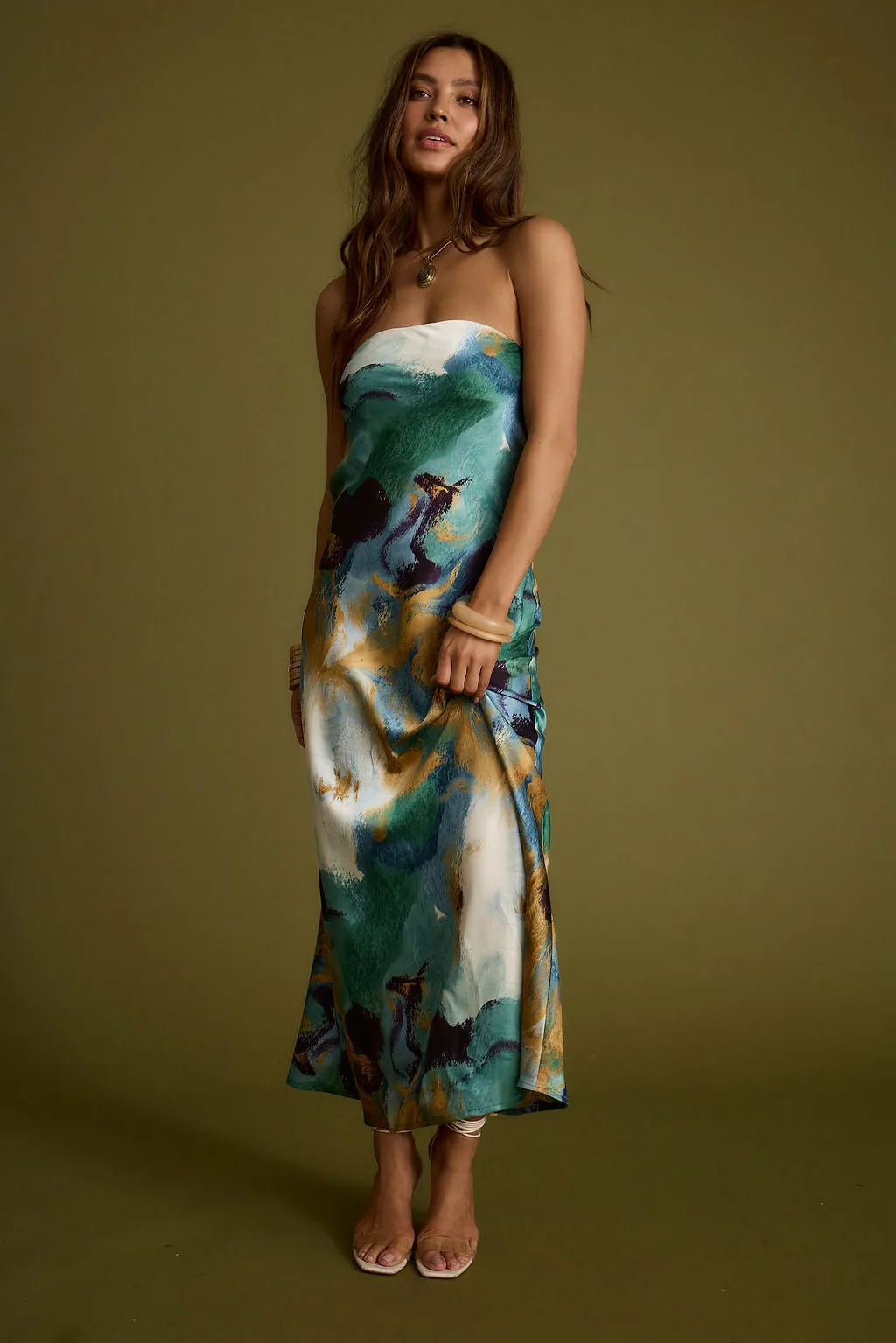 Natalia Blue and Gold Watercolor Strapless Maxi Dress