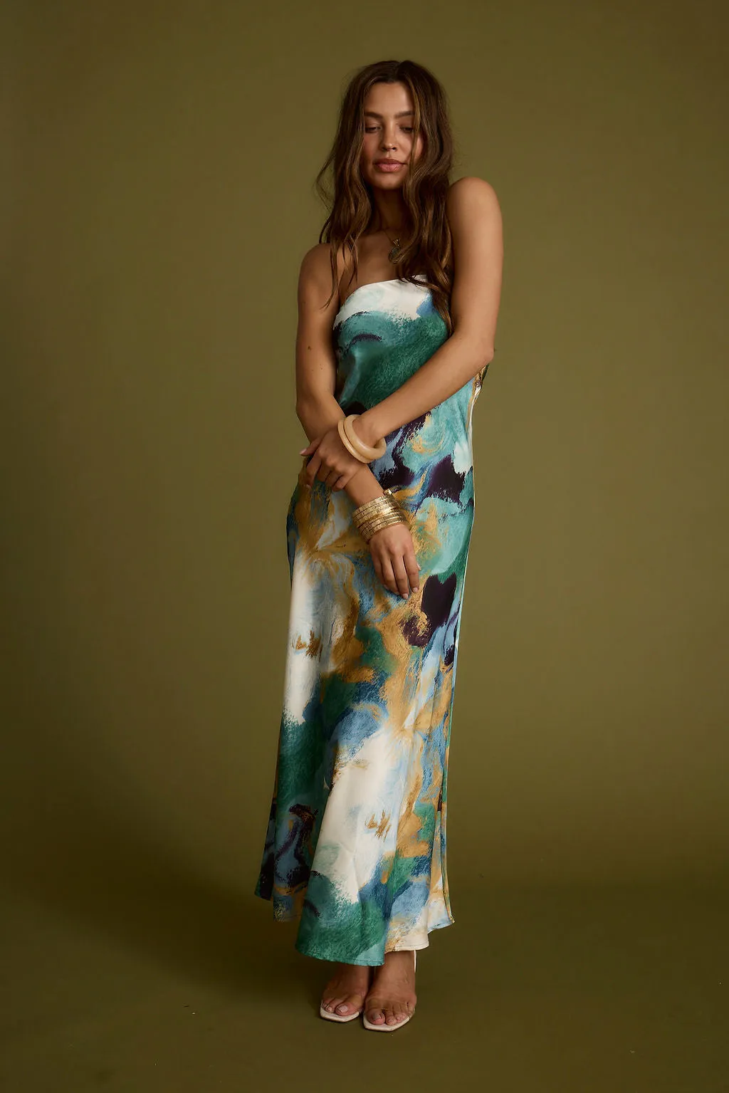 Natalia Blue and Gold Watercolor Strapless Maxi Dress
