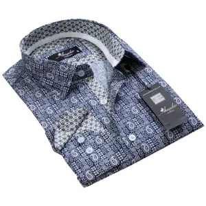 Navy Blue with White Paisley Mens Slim Fit Designer Dress Shirt - tailored Cotton Shirts for Work