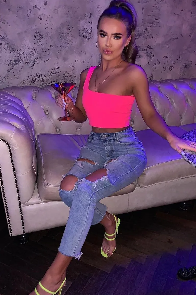 Neon Pink One Shouldered Crop Top - Kamri