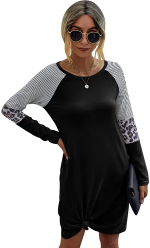 New Womens Yacun Casual Tshirt Long Sleeve Crewneck Stripe Leopard Midi Dress, Black, Sz L!