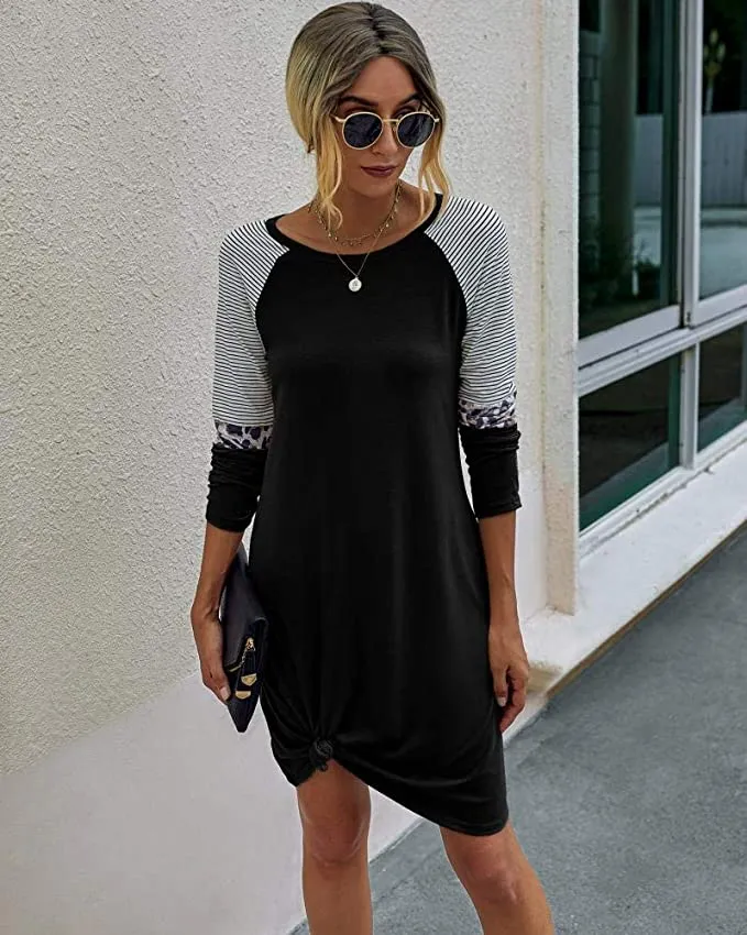 New Womens Yacun Casual Tshirt Long Sleeve Crewneck Stripe Leopard Midi Dress, Black, Sz L!