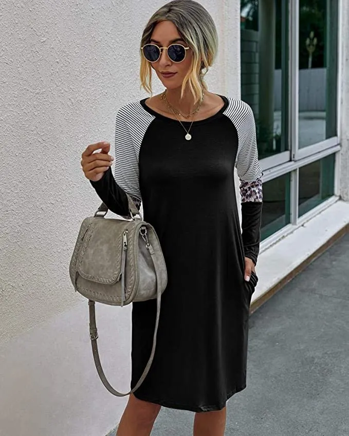 New Womens Yacun Casual Tshirt Long Sleeve Crewneck Stripe Leopard Midi Dress, Black, Sz L!