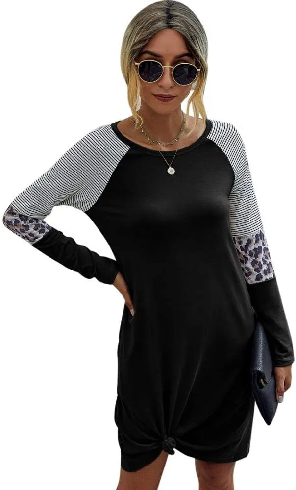 New Womens Yacun Casual Tshirt Long Sleeve Crewneck Stripe Leopard Midi Dress, Black, Sz L!