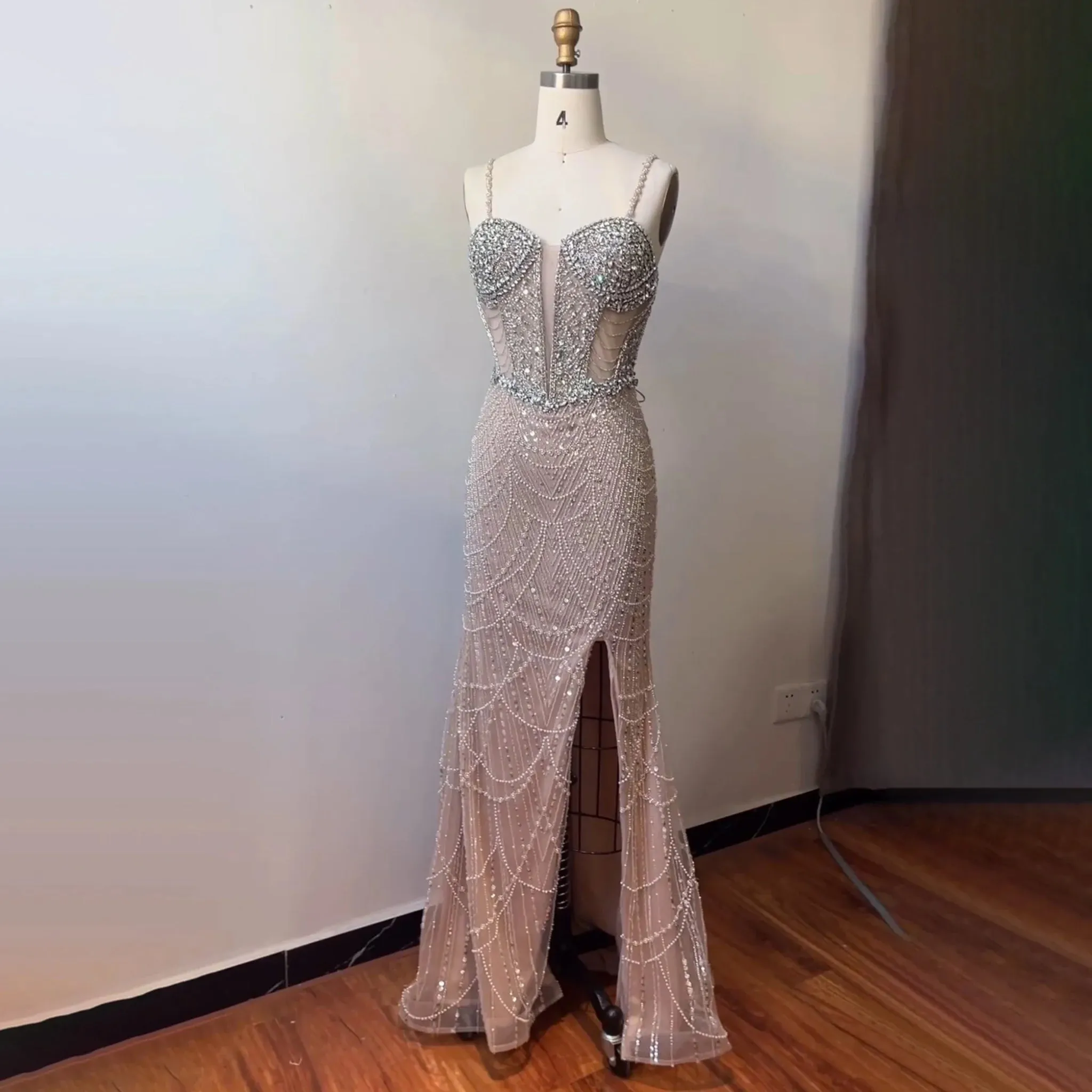 Nude Strapless Mermaid Gown  Beaded Elegance for Luxury Evening Parties