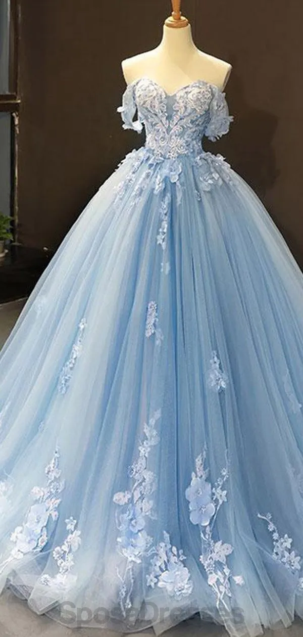 Off Shoulder Blue Handmade Flower Long Evening Prom Dresses, Evening Party Prom Dresses, 12163