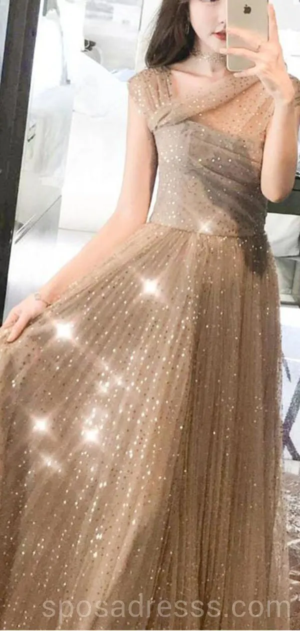 Off Shoulder Sparkly Gold A-line Long Evening Prom Dresses, Cheap Custom Sweet 16 Dresses, 18567
