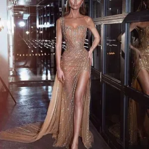 one shoulder evening dresses long beaded crystals champagne elegant sexy formal dress