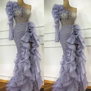 one shoulder evening dresses long luxury 2020 beaded crystals deep purple elegant modest evening gown