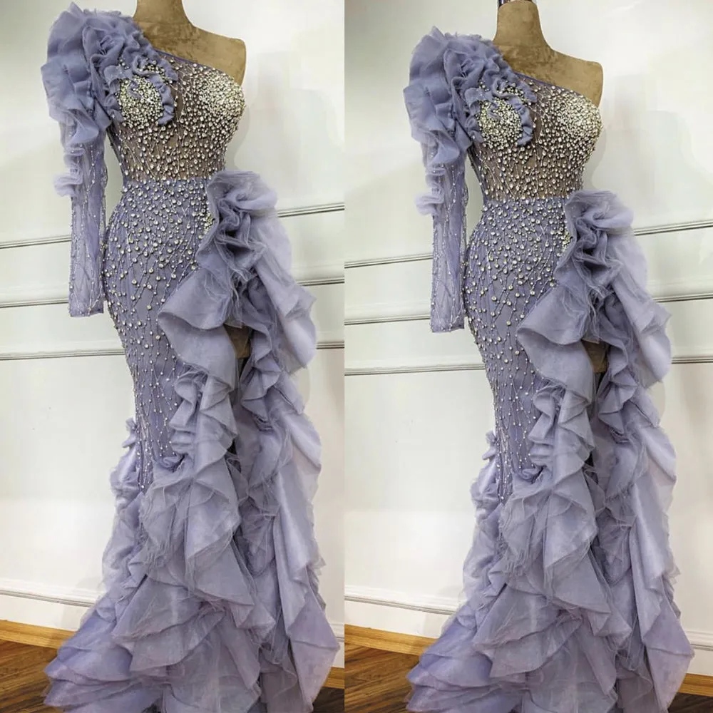 one shoulder evening dresses long luxury 2020 beaded crystals deep purple elegant modest evening gown