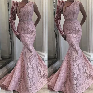 one shoulder pink evening dresses long sleeve mermaid lace appliqué beaded elegant evening gown robe de soiree